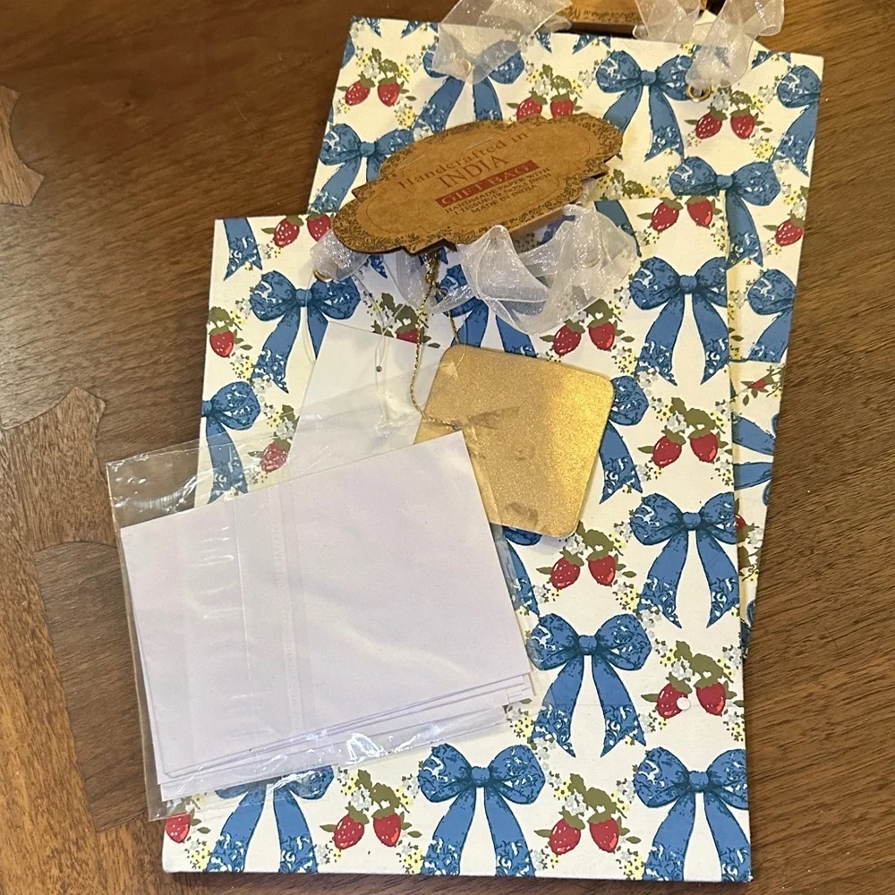Made in India blue bow and strawberry gift bag with tissue paper